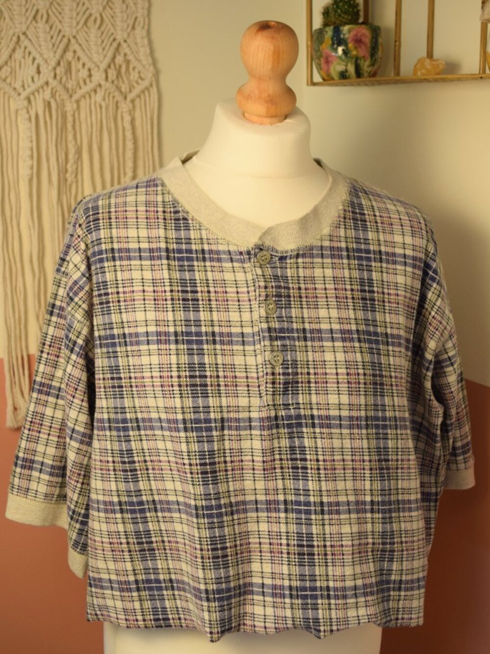 Basic Equipment 2X Plaid Cropped Henley Top 90s Y2K Preppy Grunge